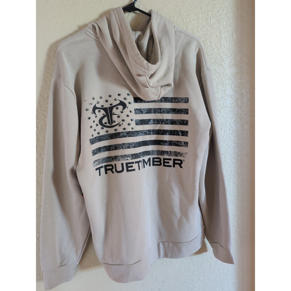 Truetimber Mens Sand Beige Hoodie Distressed American Flag Logo Sweatshirt